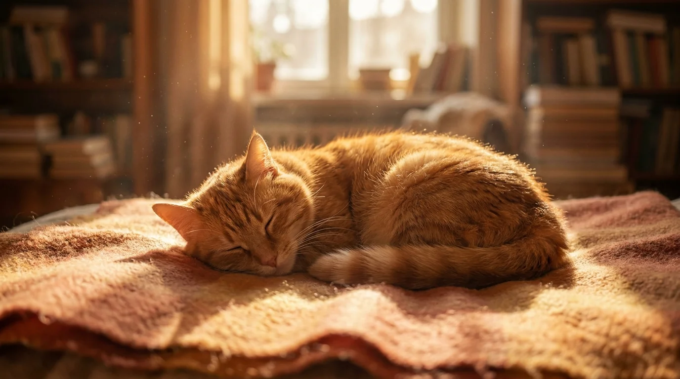 Gato recuperado del PIF descansando con su tutor en casa